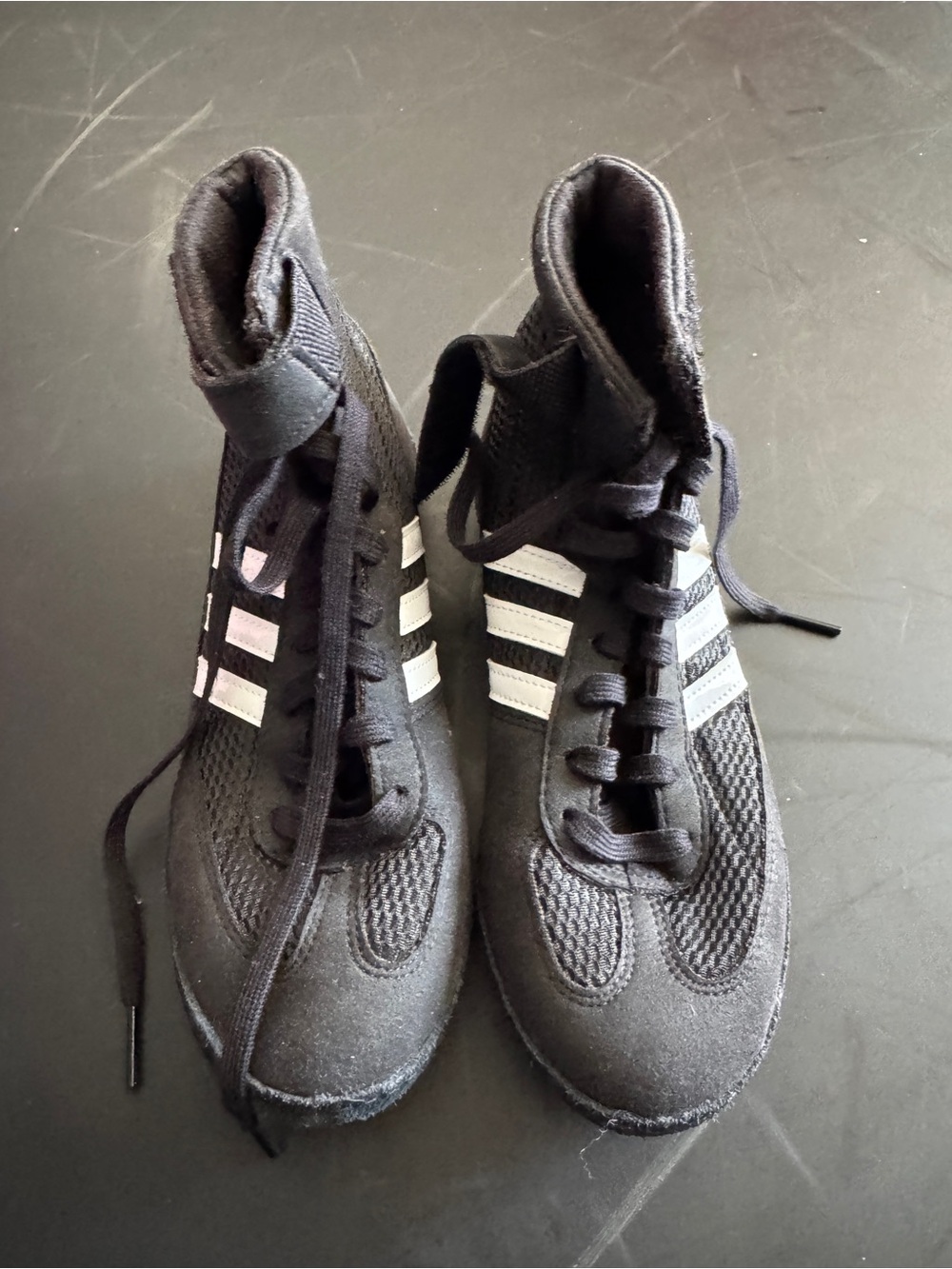 adidas Men's Black High-Top Athletic wrestling Sneakers with White Stripes